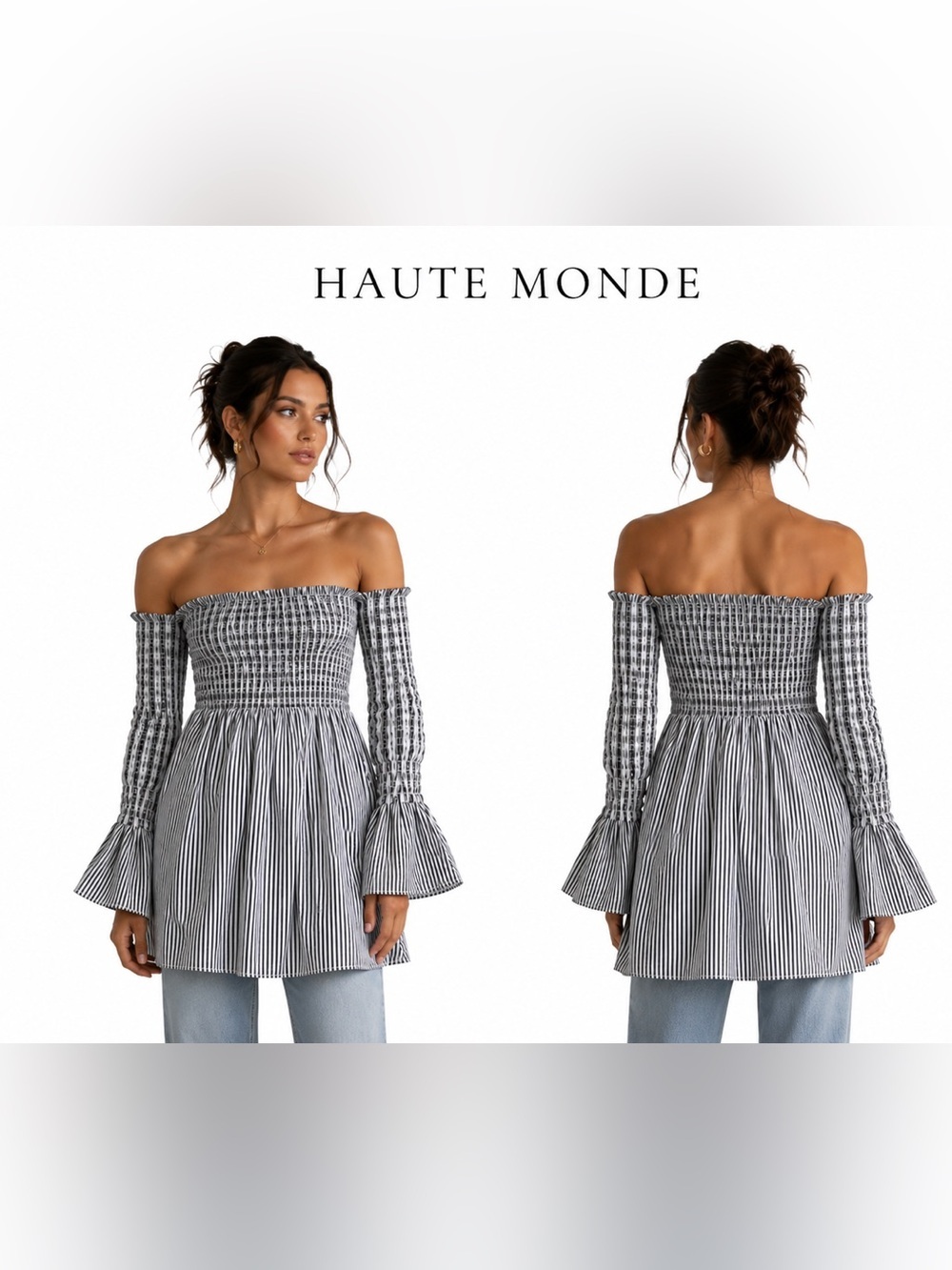 NWOT Haute Monde Striped Smocked Off Shoulder Bell Sleeve Top Size Medium